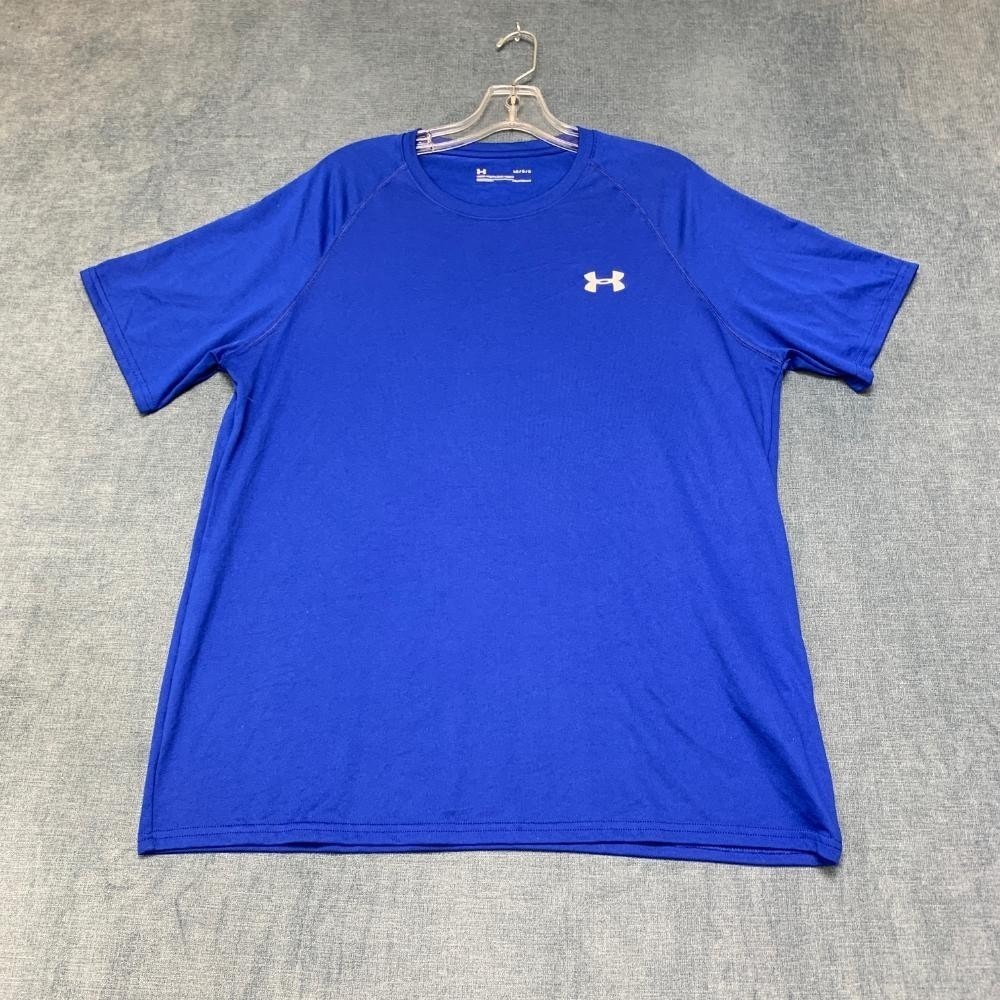 Under Armour Heatgear T-Shirt Mens Large Blue Loose Fit Logo Raglan Sleeve